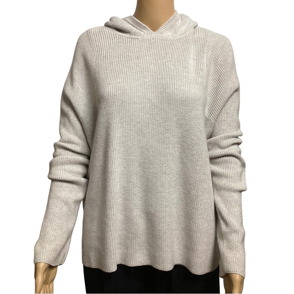 Athleta Light Gray Ribbed Knit Pima Cotton Silk Blend Hoodie Sweater Small